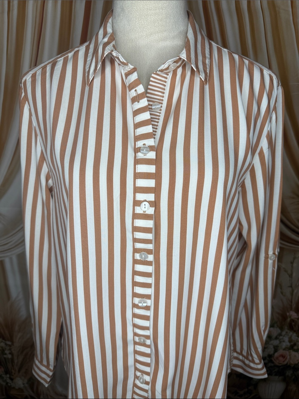 Jane and Delancey Cream and Brown Vertical Stripe Button-Down Shirt